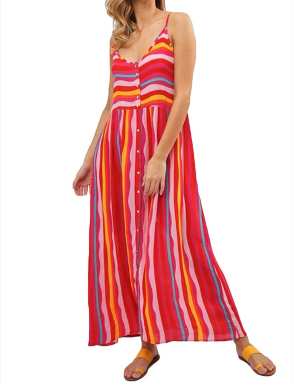 Vero Moda Striped Maxi Dress in Pink, Red, Yellow, Blue